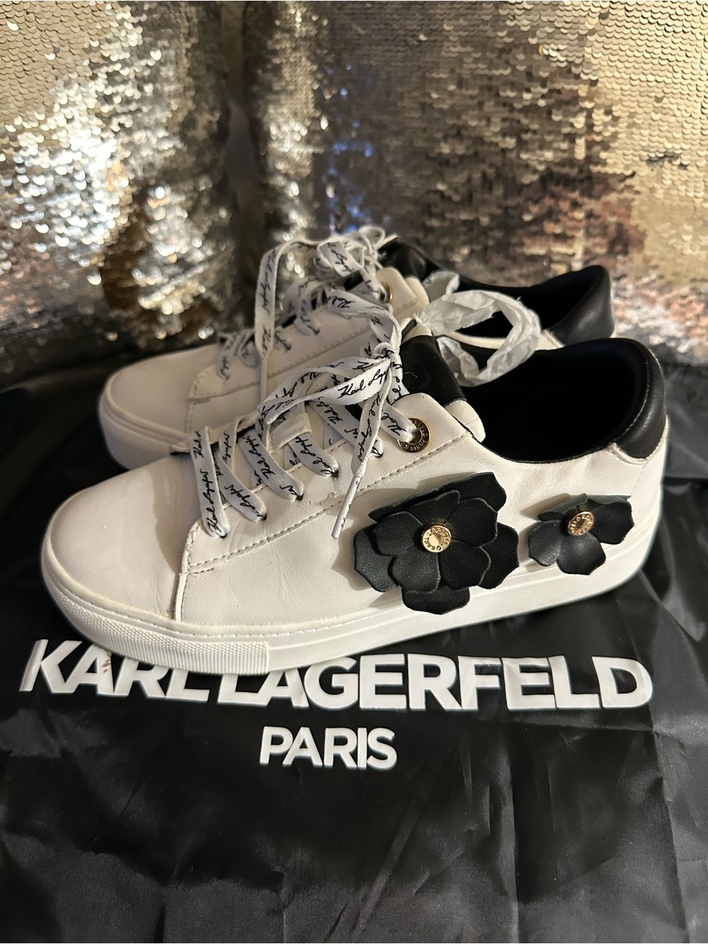 Karl Lagerfeld White Leather Sneakers with Black Floral Appliqués